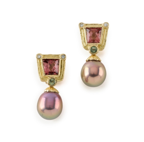 Faceted Tourmaline, Green Sapphire and Diamond Earrings with Freshwater Pearl Drops