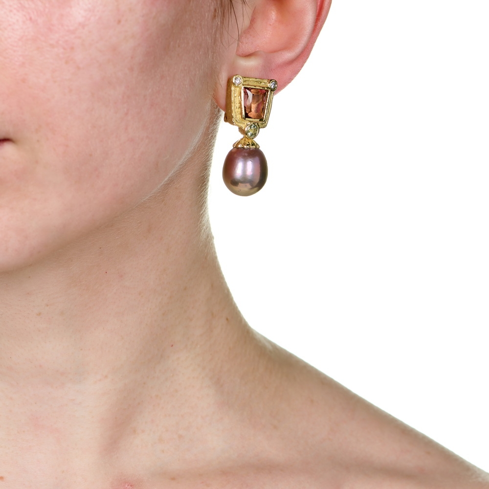 Faceted Tourmaline, Green Sapphire and Diamond Earrings with Freshwater Pearl Drops E-1905-17768_on_model.jpg