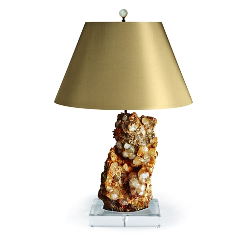 Moroccan Calcite Lamp on Lucite Base Moroccan_Calcite_Specimen_Lamp_on_Lucite_Base_with_Taupe_Silk_Shade_and_Matte_Smoky_Quartz_Orb_Finial.jpg