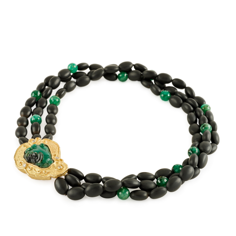 Onyx and Emerald Bead Necklace with Carved Emerald and Diamond Clasp