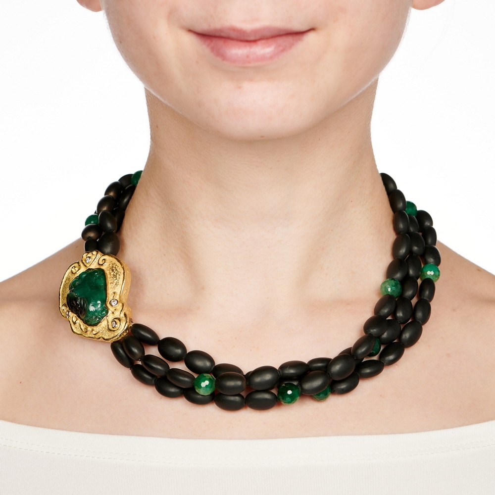 Onyx and Emerald Bead Necklace with Carved Emerald and Diamond Clasp N-1476-15247_on_model.jpg
