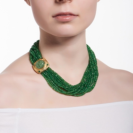 Faceted Tsavorite Bead Necklace with Carved Emerald & Diamond Clasp N-1686-10375_on_model.jpg