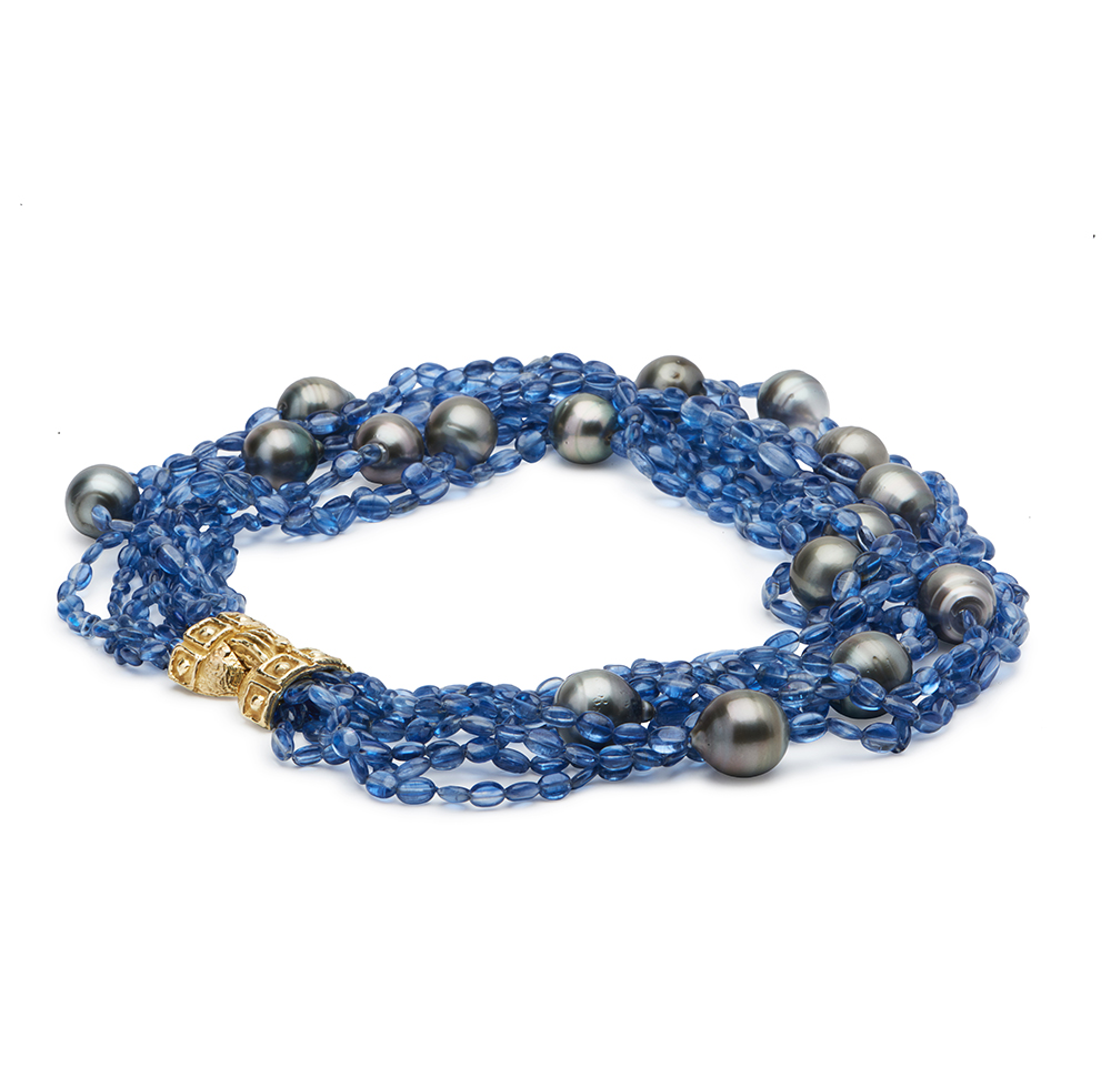 Kyanite Bead and Baroque Pearl Necklace with "E2" Clasp
