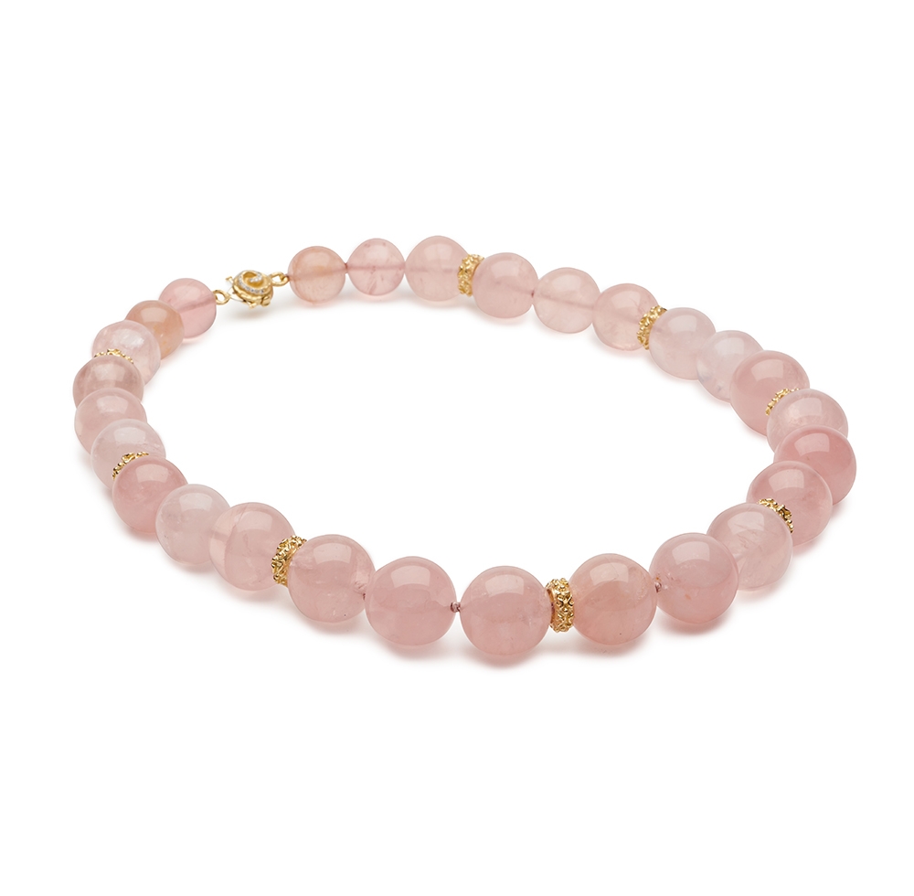 Rose Quartz Bead Necklace with Diamond 