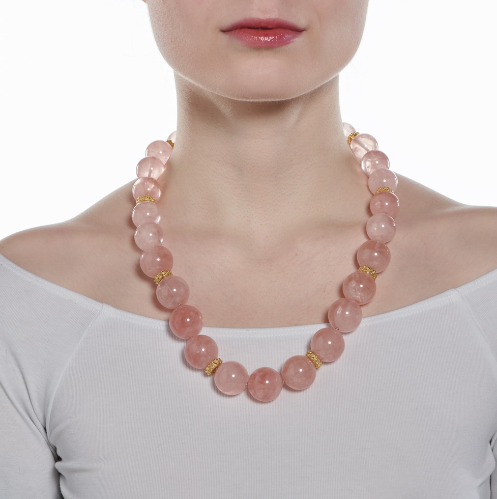 Rose Quartz Bead Necklace with Diamond 