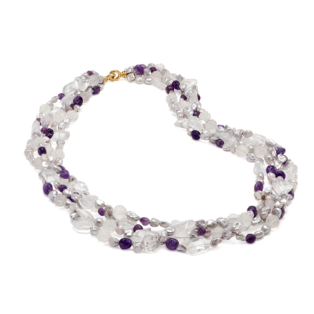 Amethyst, Keshi Pearl, Quartz and Rock Crystal Necklace with Extra Large "Chinati" Clasps