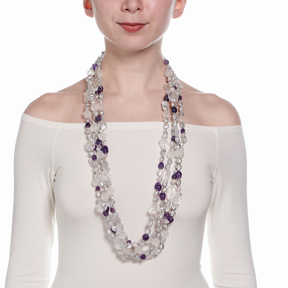 Amethyst, Keshi Pearl, Quartz and Rock Crystal Necklace with Extra Large 