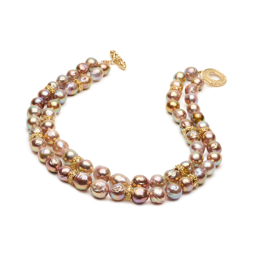 Metallic Pearl Double Strand Necklace with Medium "Mimi" Toggle Clasp