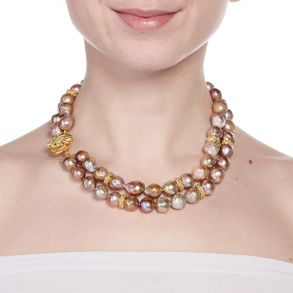Metallic Pearl Double Strand Necklace with Medium 