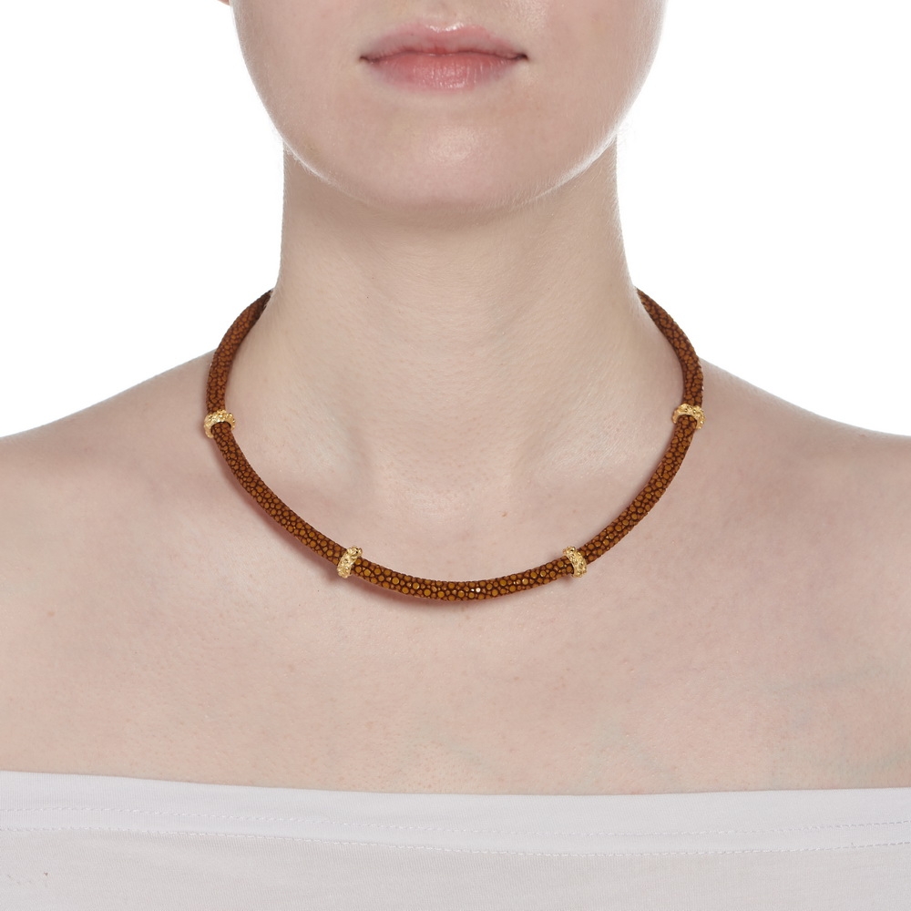 5mm "Mustard" Stingray Cord Necklace with "Laura" Rondelles and Magnetic Clasp N-2103_on_model1.jpg