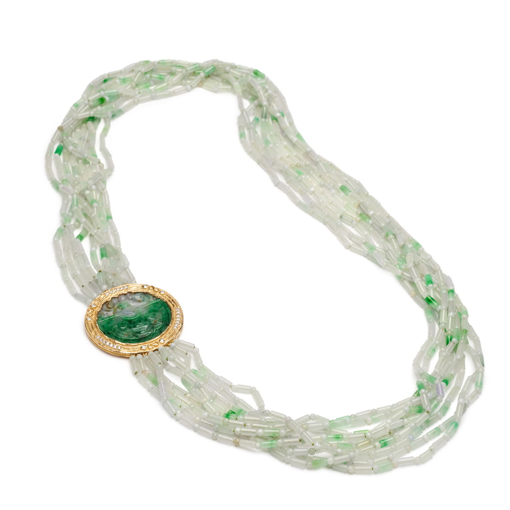 Jade Bead Necklace with "Double Fish" Jade and Diamond Station