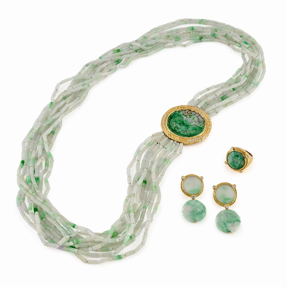 Jade Bead Necklace with Carved Green and Grey "Double Fish" Jade and Diamond Station N-2155-17500,_E-1896_R-1321,_Jade_Bead_Nck_w_Crvd_GreenGray_Dbl_Fish_Jade_Dia_Stn,_Dia,_Jade_Ear_w_Crvd_Green_Dngles_Dia_Dbl_Hpinss_Carvd_Jade_Ring1.jpg