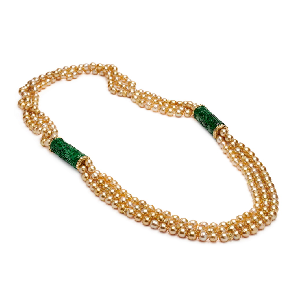 Three Strand Golden Pearl Necklace with Carved Jade and Diamond Stations
