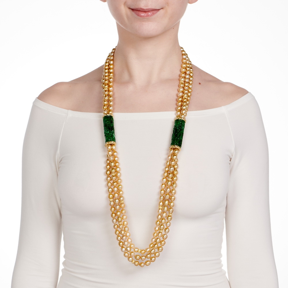 Three Strand Golden Pearl Necklace with Carved Jade and Diamond Stations N-2160-15095_on_model.jpg