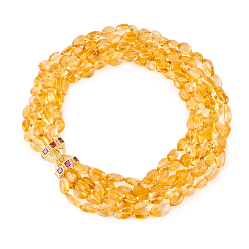 Multi-Strand Tumbled Citrine Bead Necklace with Nigerian Pink Tourmaline