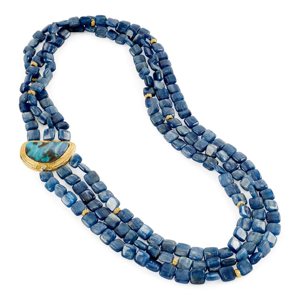 Kyanite Bead Necklace with Boulder Opal and Diamond Station