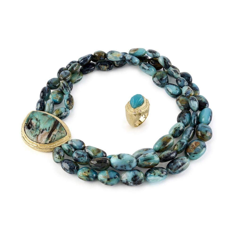Peruvian Opal Bead Necklace with Turkish Chrysocolla in Collawood Clasp N-2222-15885_R-1273-16588,_Peruvian_Opal_Bead_Necklace_w_Turkish_Chrysocolla_in_Collawood,_Dia,_Carved_Blue_Agate_Shell_Ring.jpg