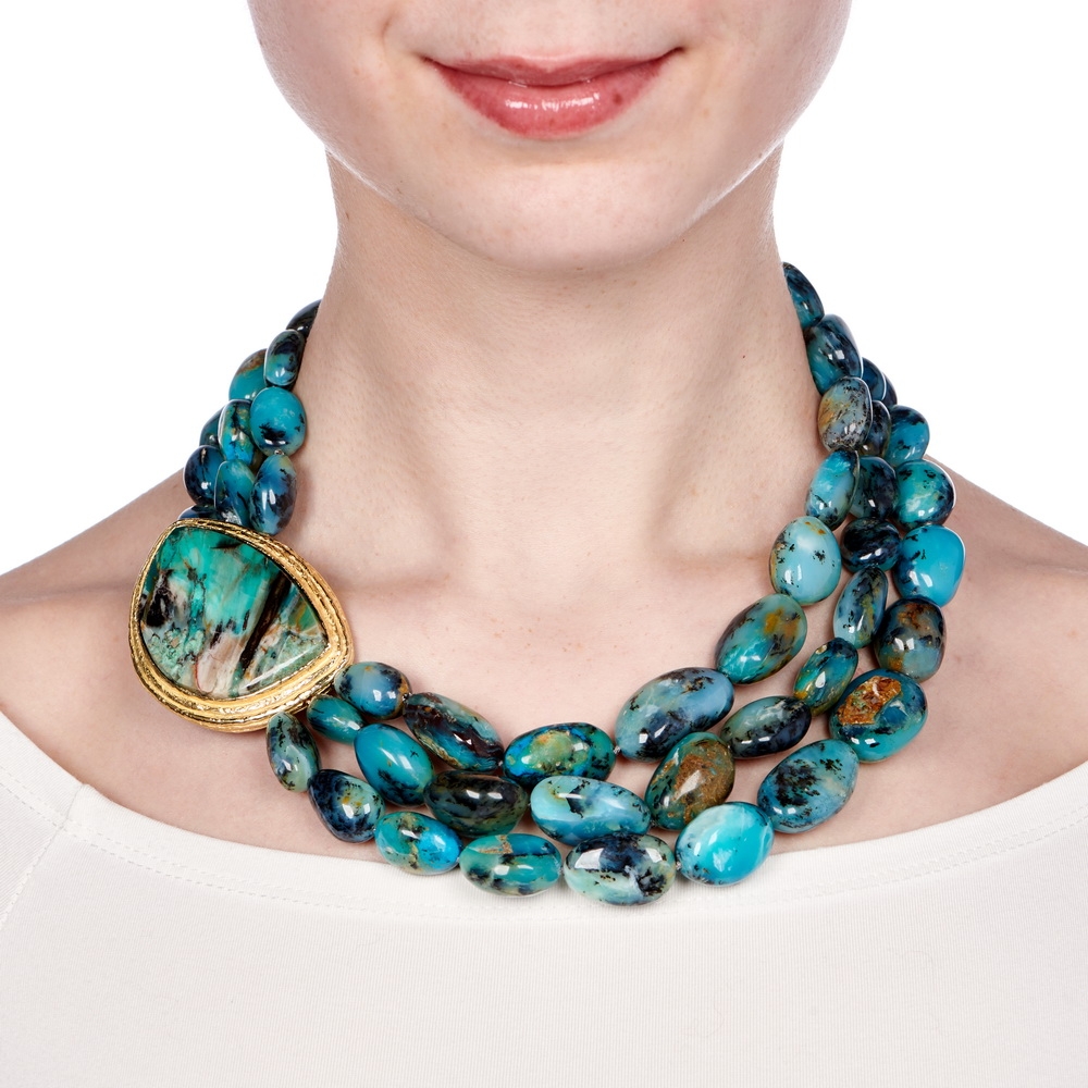Peruvian Opal Bead Necklace with Turkish Chrysocolla in Collawood Clasp N-2222-15885_on_model.jpg