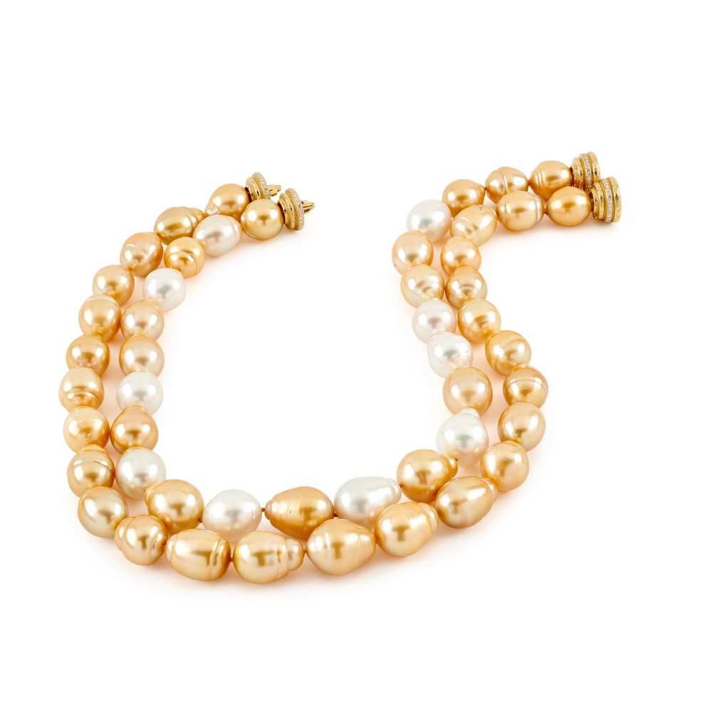 Golden, and Golden and White South Sea Pearl Necklaces with Diamond Ball Clasps