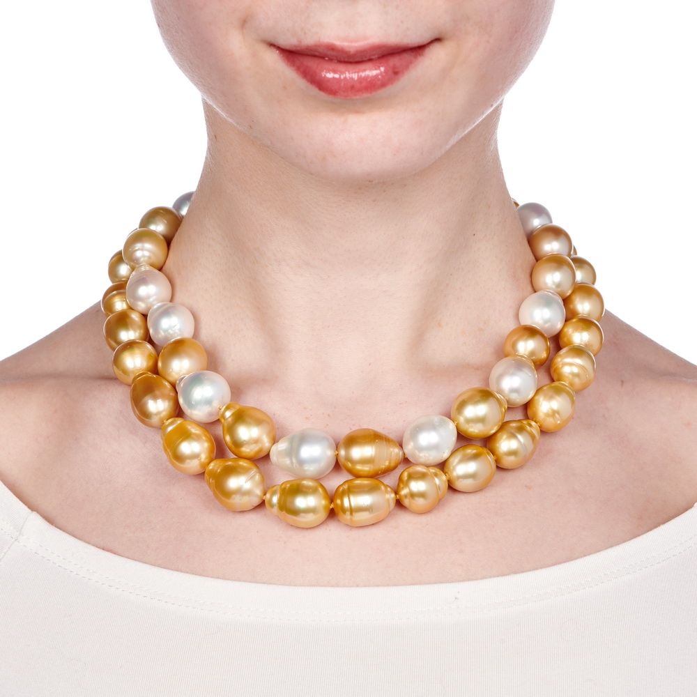 Golden, and Golden and White South Sea Pearl Necklaces with Diamond Ball Clasps N-2228-15923_N-2229-15923_on_model.jpg