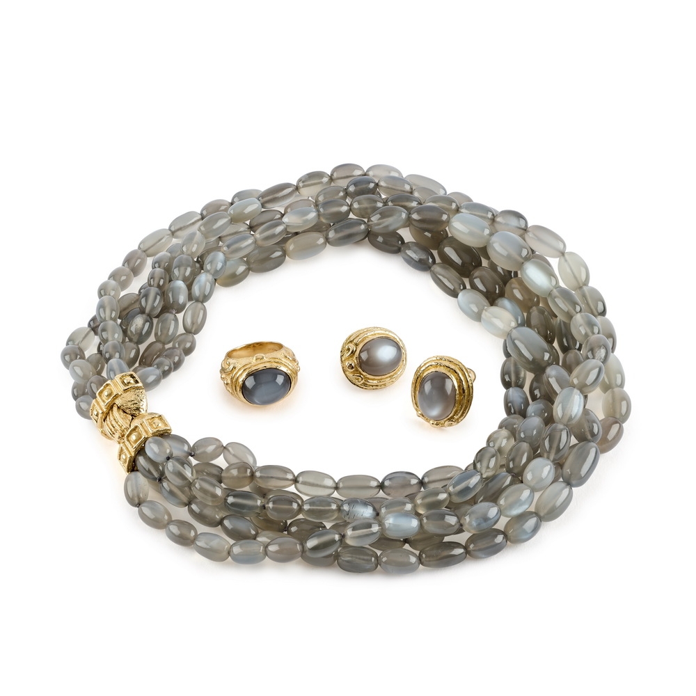 Gray Tumbled Moonstone Necklace with "E2" Clasp N-2236-15980,_R-1093-17337_E-1133-17337,_Gray_Tumbled_Moonstone_Necklace_with_“E2”_Clasp_Med_“Chau’s_Finale”_Ring_Earring_with_Gray_Moonstone_Cabs1.jpg