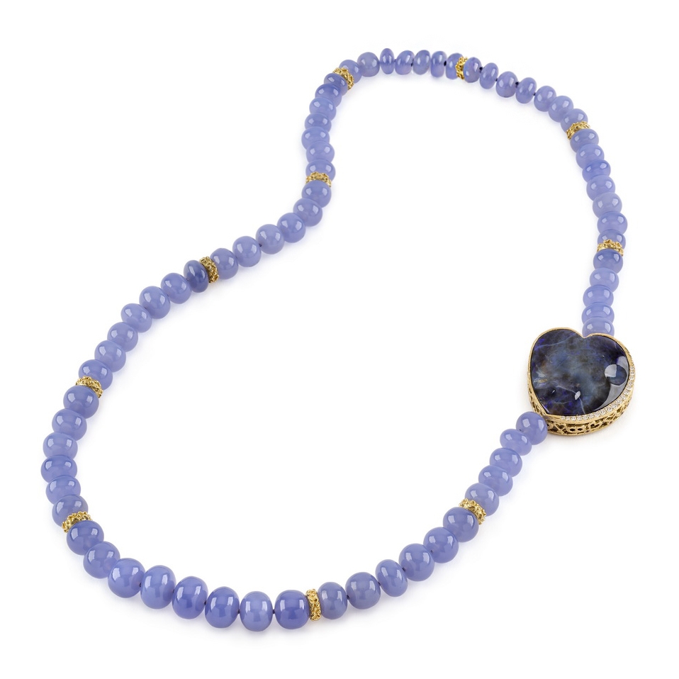 Nambian Chalcedony Bead Necklace with Black Opal, Tanzanite, & Diamond Station N-2260-16171,_Nambian_Chalcedony_Bead_Necklace_w_Blck_Opal,_Tanzanite,_w_Dia_Station_“Laura”_Rondelles.jpg