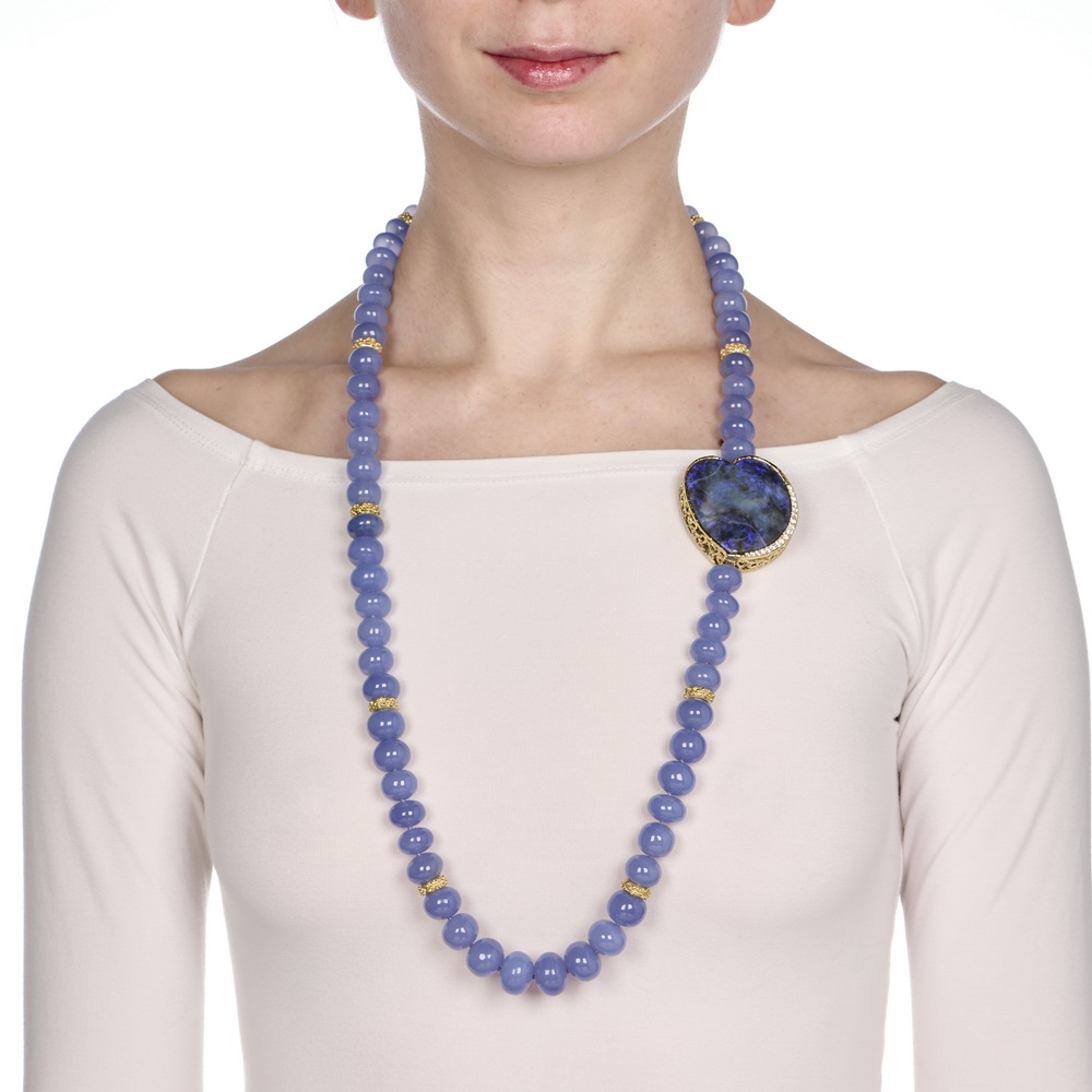Nambian Chalcedony Bead Necklace with Black Opal, Tanzanite, & Diamond Station N-2260-16171_on_model.jpg