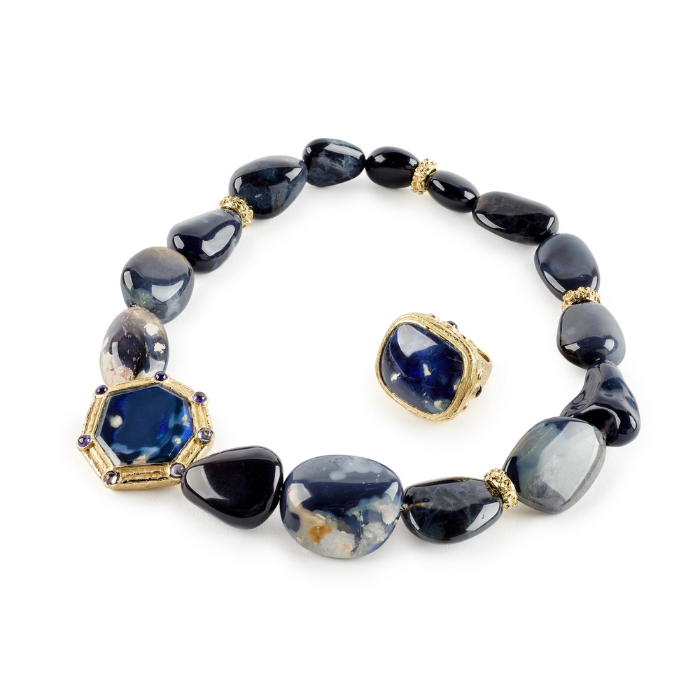 Tumbled Lightning Ridge Opal Bead Necklace with Lightning Ridge Black Opal and Cabochon Tanzanite Clasp N-2307-16431_R-1691-16429,_Tumbled_Opal_Bead_Necklace_w_Black_Opal_Tanzanite_Clasp_Black_Opal_Tanzanite_Ring.jpg