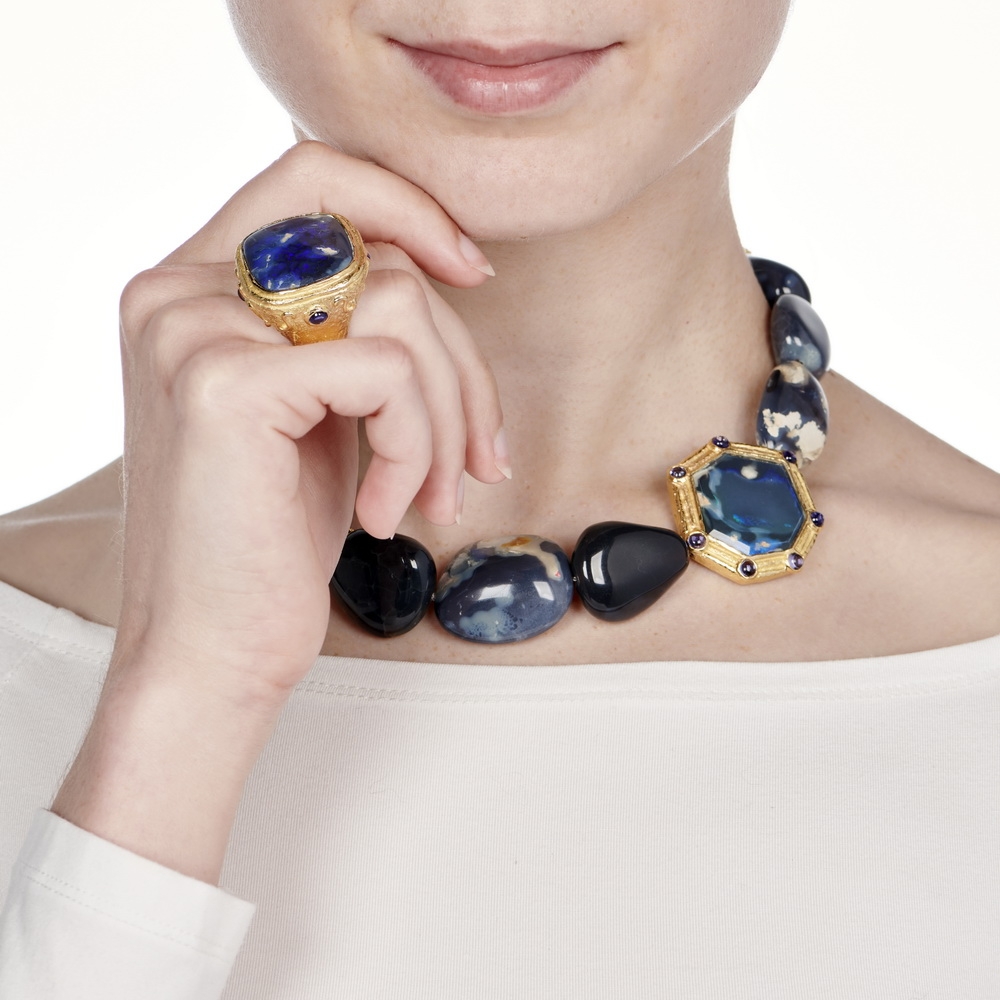 Tumbled Lightning Ridge Opal Bead Necklace with Lightning Ridge Black Opal and Cabochon Tanzanite Clasp N-2307-16431_R-1691-16429_on_model.jpg