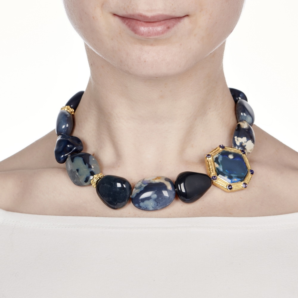 Tumbled Lightning Ridge Opal Bead Necklace with Lightning Ridge Black Opal and Cabochon Tanzanite Clasp N-2307-16431_on_model.jpg