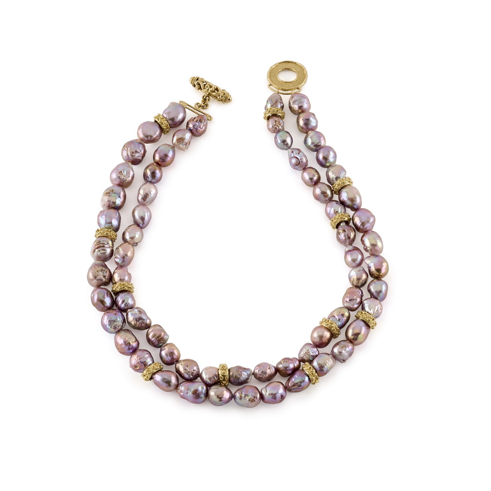 Double Strand Freshwater Purple Fireball Pearl Necklace with "Laura" Rondelles