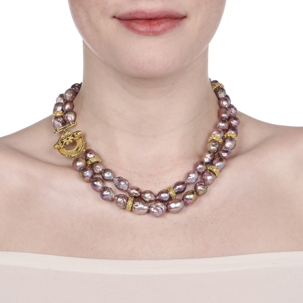 Double Strand Freshwater Purple Fireball Pearl Necklace with 