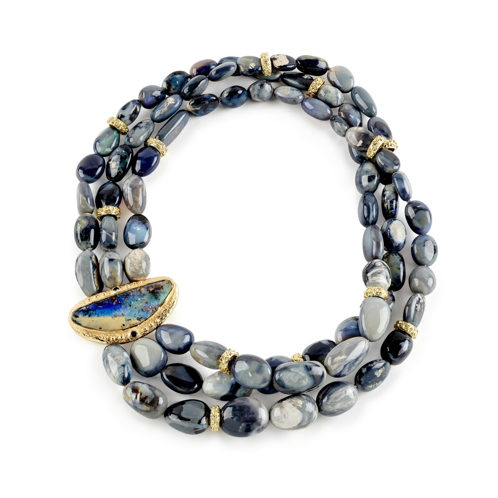 Lightning Ridge Opal Bead Necklace with Boulder Opal and Tanzanite Clasp N-2320-16546,_3_Strand_Tumbled_Opal_Bead_Necklace_w_Opal_Tanzanite_Clasp.jpg