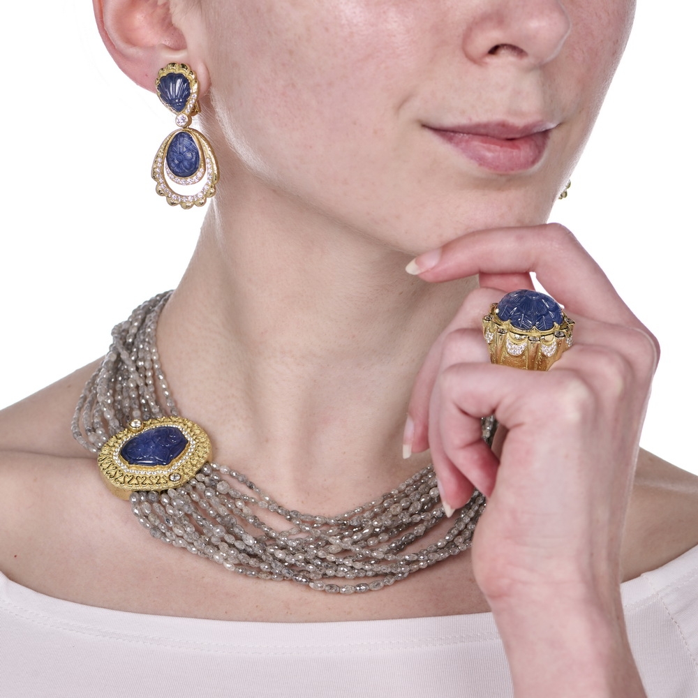 Carved Unheated Sapphire and Diamond Dangle Earrings N-2405-17049,_R-1649-15865_E-1742-15866_on_model1.jpg