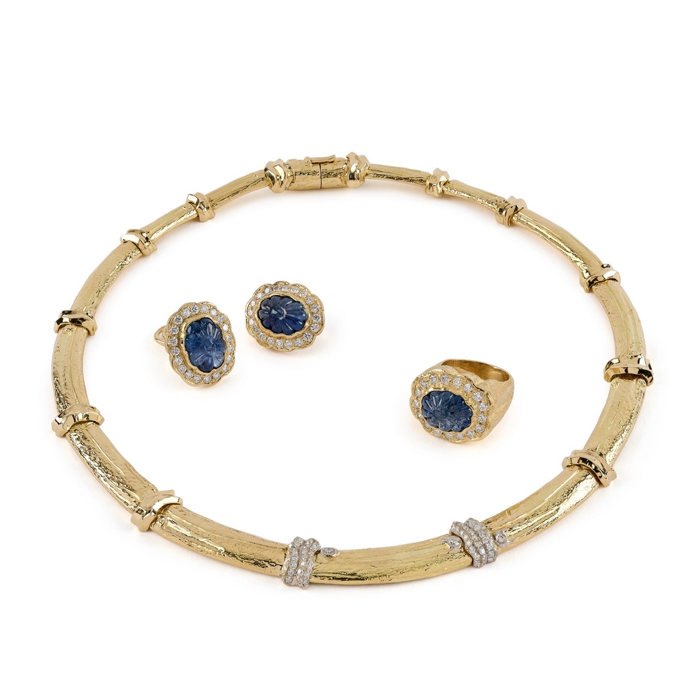 Carved Sapphire and Diamond Earrings N-2447,_E-1875-17282_R-1747-17282,_“Bamboo”_Necklace_with_Dias_Carved_Sapphire_Dia_Earrings_Ring.jpg
