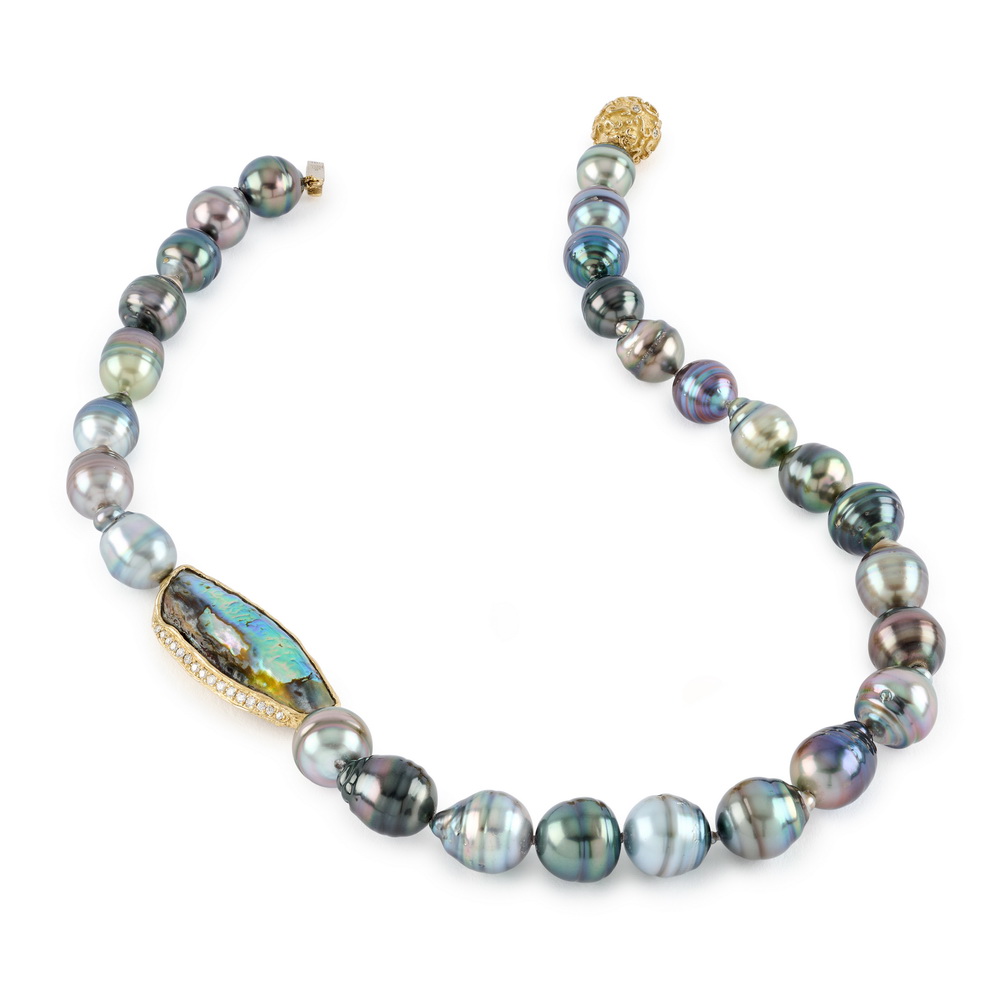 Tahitian Baroque Pearl Necklace with Abalone and Diamond Station