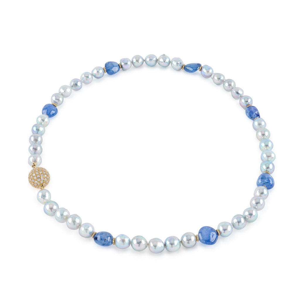 Blue Baroque Akoya Pearl and Sapphire Bead Necklace