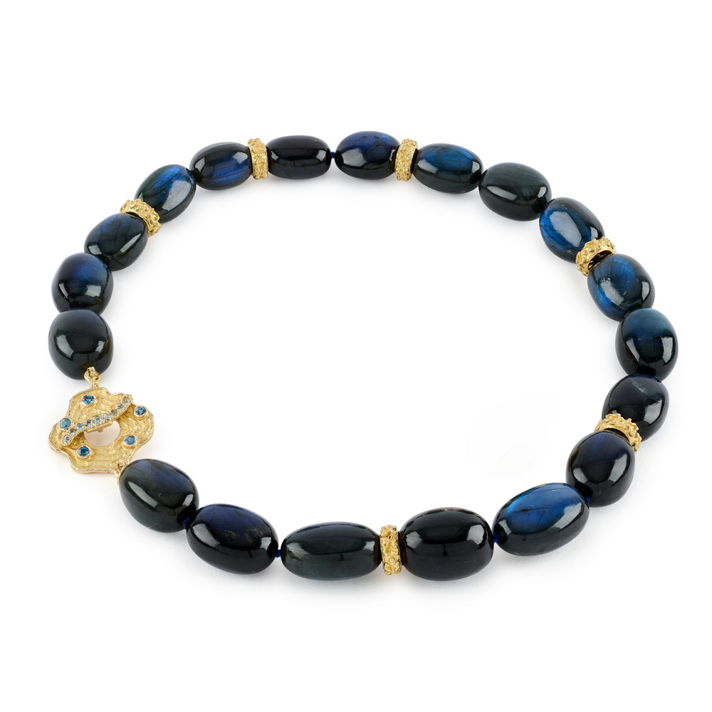 Labradorite Bead Necklace with "Laura" Rondelles and Large "Wave" Toggle Clasp with Aqua