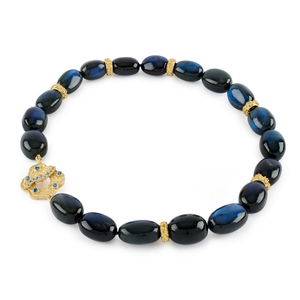 Labradorite Bead Necklace with "Laura" Rondelles and Large "Wave" Toggle Clasp with Aqua N-2455-17327,_Labradorite_Tumbled_Bead_Nck_with_Lrg_“Laura”_Rndls_Lrg_“Wave”_Toggle_Clasp_w_Faceted_Aqua1.jpg