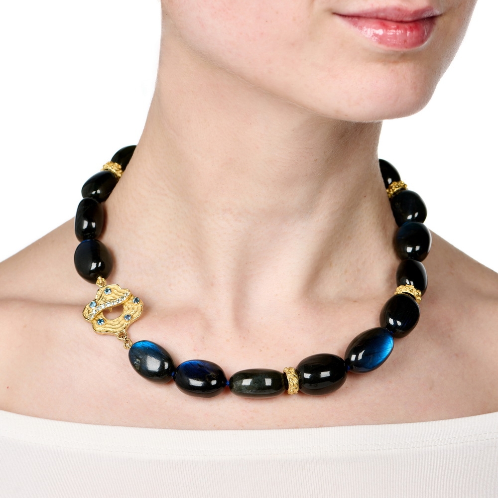 Labradorite Bead Necklace with "Laura" Rondelles and Large "Wave" Toggle Clasp with Aqua N-2455-17327_on_model1.jpg