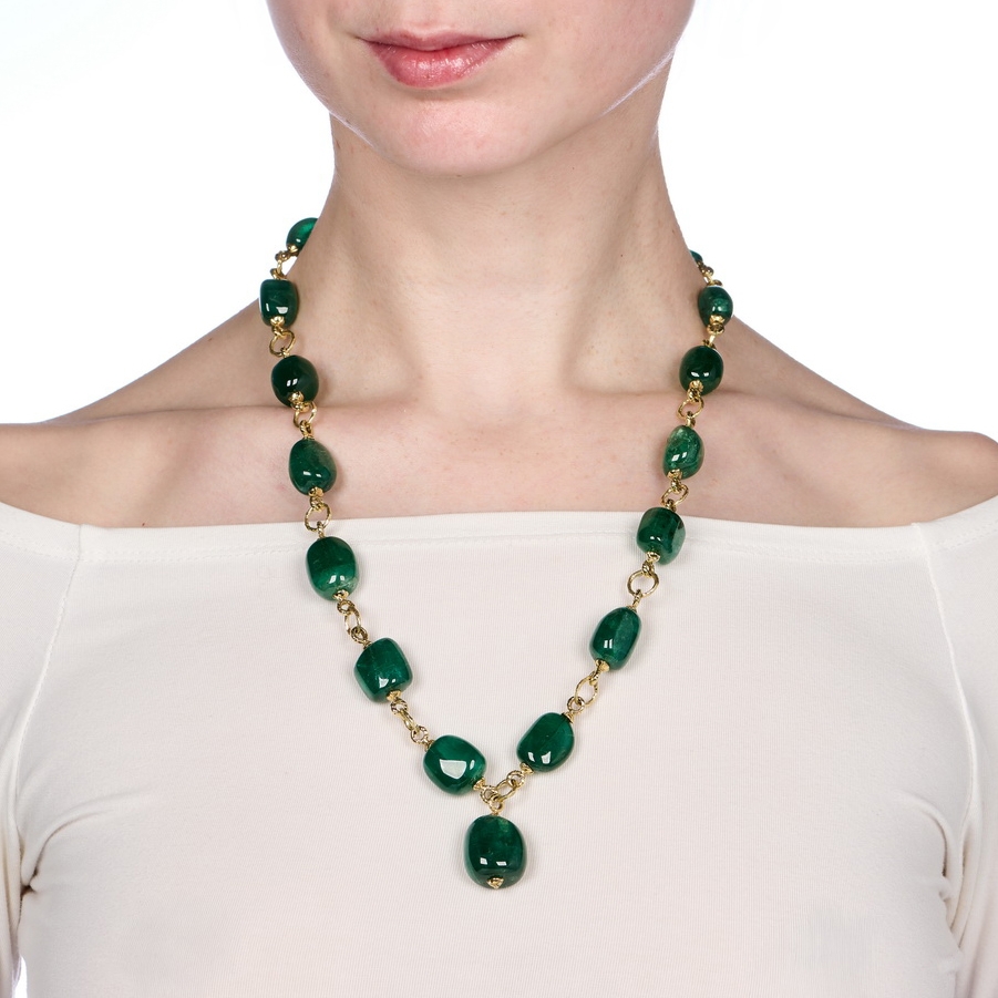 Tumbled Emerald Bead Necklace with Small Diamond “Mimi” Toggle Clasp N-2490-17527_on_model.jpg