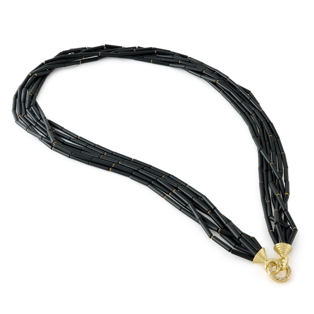 Matte Black Onyx Tube Bead Necklace with Rondelles N-2512-17766,_Dia,_Matte_Black_Onyx_Tube_Bead_Neck_w_Rond,_Lrg_Dia_Circ_Lrg_Chinati_Wide_Bells_Clasps.jpg