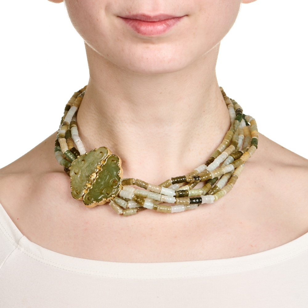 Multicolor, Multi-strand, Burmese Carved Jade Bead Necklace with Carved Jade Clasp N-2519-17818_on_model.jpg