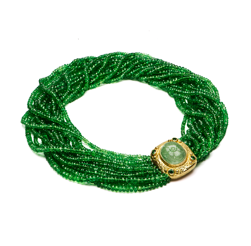 Faceted Tsavorite Bead Necklace with Carved Emerald & Diamond Clasp