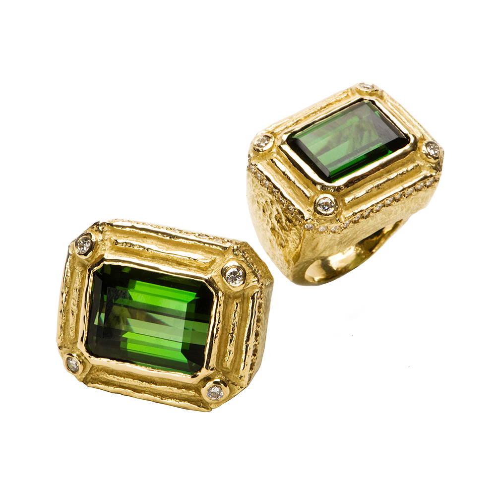 Faceted Green Tourmaline & Diamond Rings