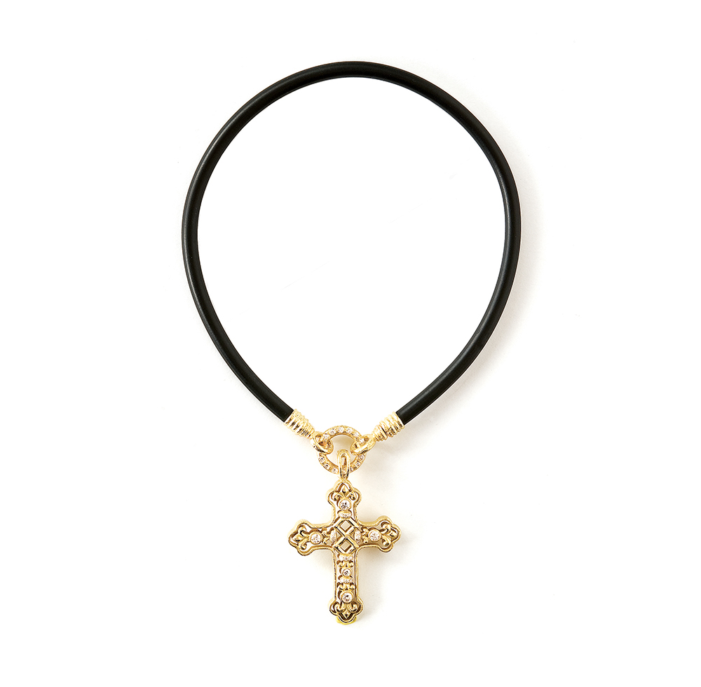 Coreena Cross Pendant on Diamond Circle & Black Rubber Necklace