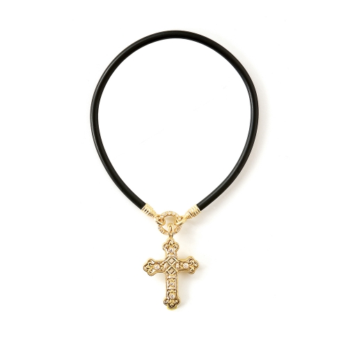 Coreena Cross Pendant on Diamond Circle & Black Rubber Necklace