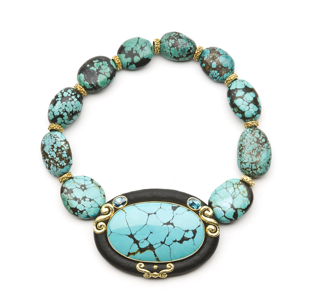 Turquoise, Jet & Blue Zircon Necklace with Laura Rondelles