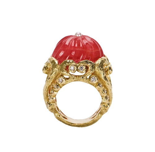 Carved Rhodochrosite, Pearl & Diamond Ring