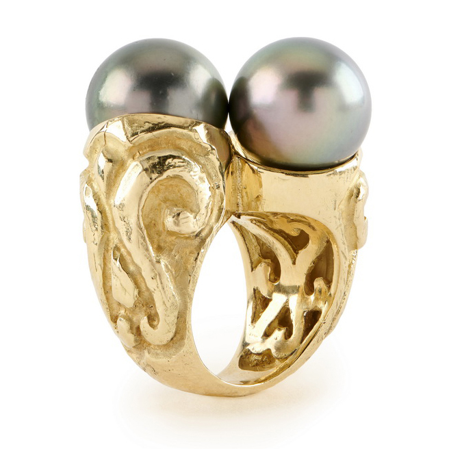 Large "Laura" Bypass Ring with Pair of Gray-Green Round Tahitian Pearls